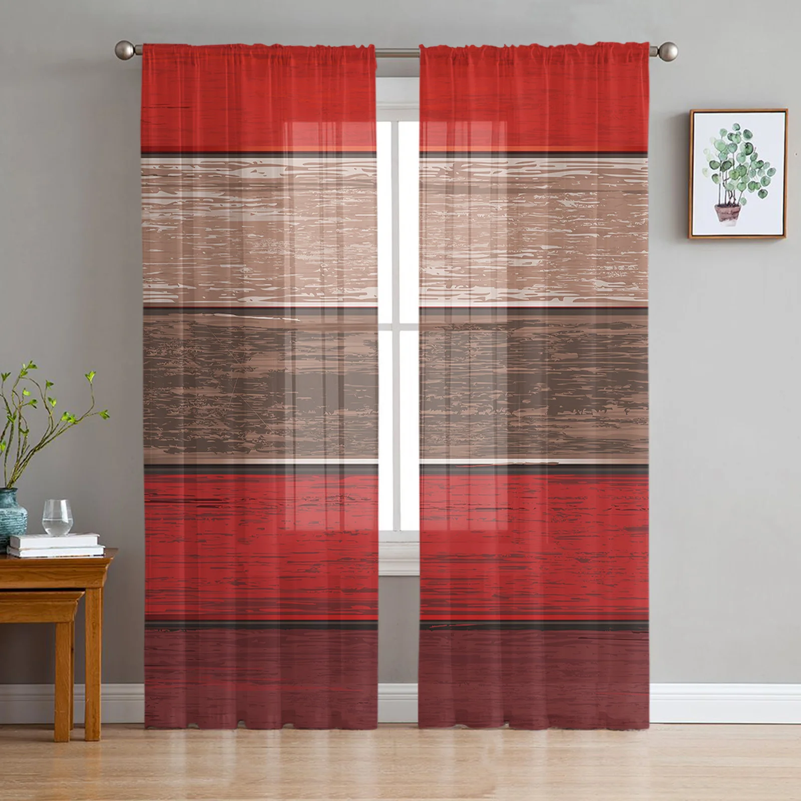 

Retro Farm Barn Red Brown Gradient Tulle Curtains For Living Room Bedroom Decor Luxury Voile Valance Sheer Curtains For Kitchen