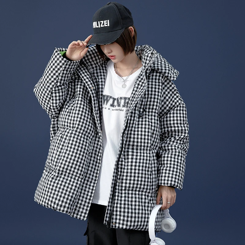 Women Winter Plaid Jackets Long Sleeve Down Cotton Parkas Coats Hooded Thick Plus Velvet Warm Coat Casual Loose Female Overcoat