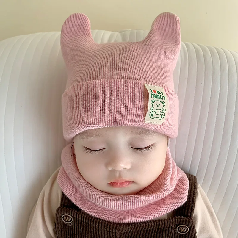 

Autumn Winter Knitted Bear Baby Hat Scarf 2PCS Set Cartoon Infant Caps For Bebe Girls Boys