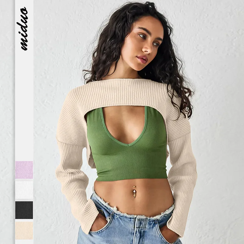 

Fashion O-neck Long Sleeve Super Short Knit T-shirts One Piece Cropped Tops 2023 Fall Female Short Pullover Knitwear Streetwear