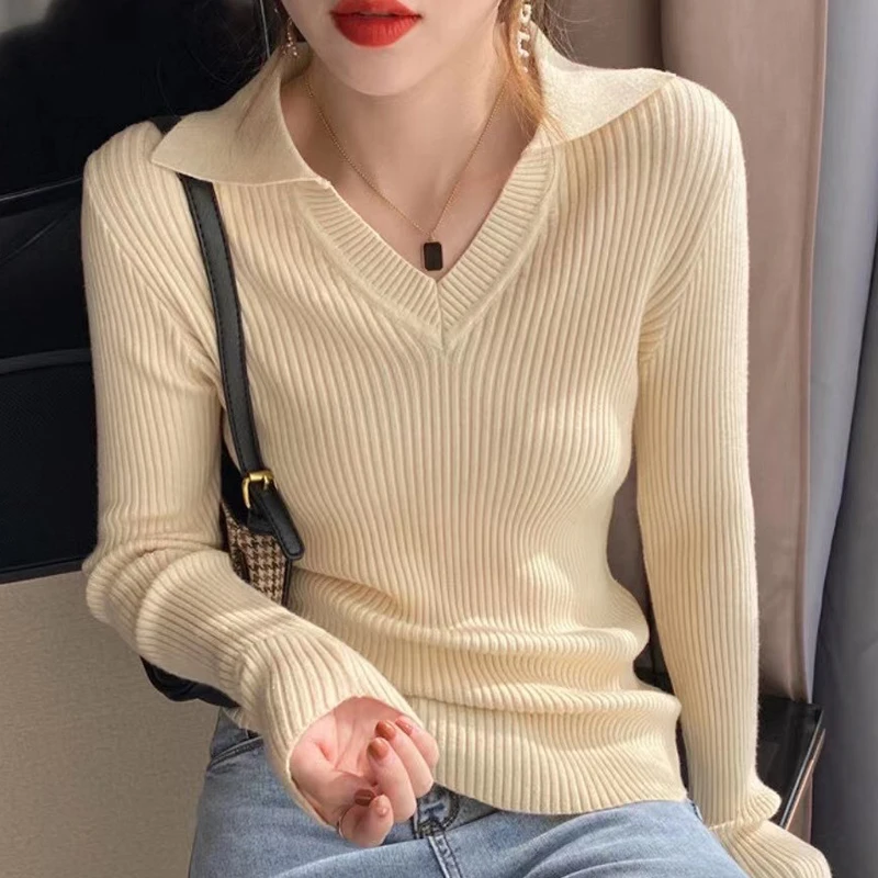 

Korean Style Turn-Down Collar Knitted Sweater Pullovers Women 2022 Autumn Winter Long Sleeve Slim Soft Solid Sweaters Tops Femme
