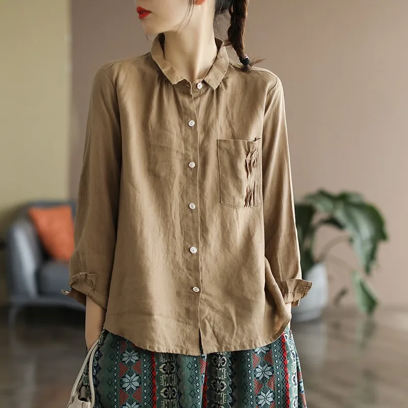 

New Spring Autumn Arts Style Women Long Sleeve Turn-down Collar Loose Shirt Single Pocket Cotton Linen Vintage Blouse C715