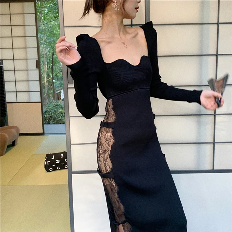 

Black Knitted Sweater Dress Women Square Collar Long Midi Dress Plus ize Vintage Sexy Party Dress Slim Sheath Bodycorn D474
