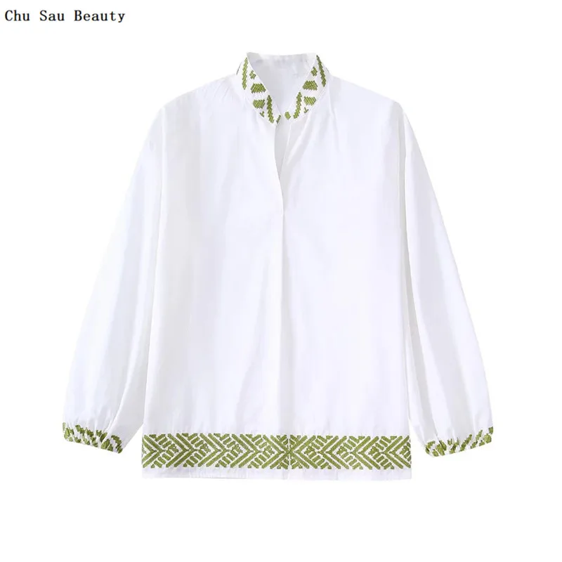 

Chu Sau Beauty 2022 ZA New Women Embroidered Blouse Summer Fashion Casual Long Sleeve Versatile Loose Tops