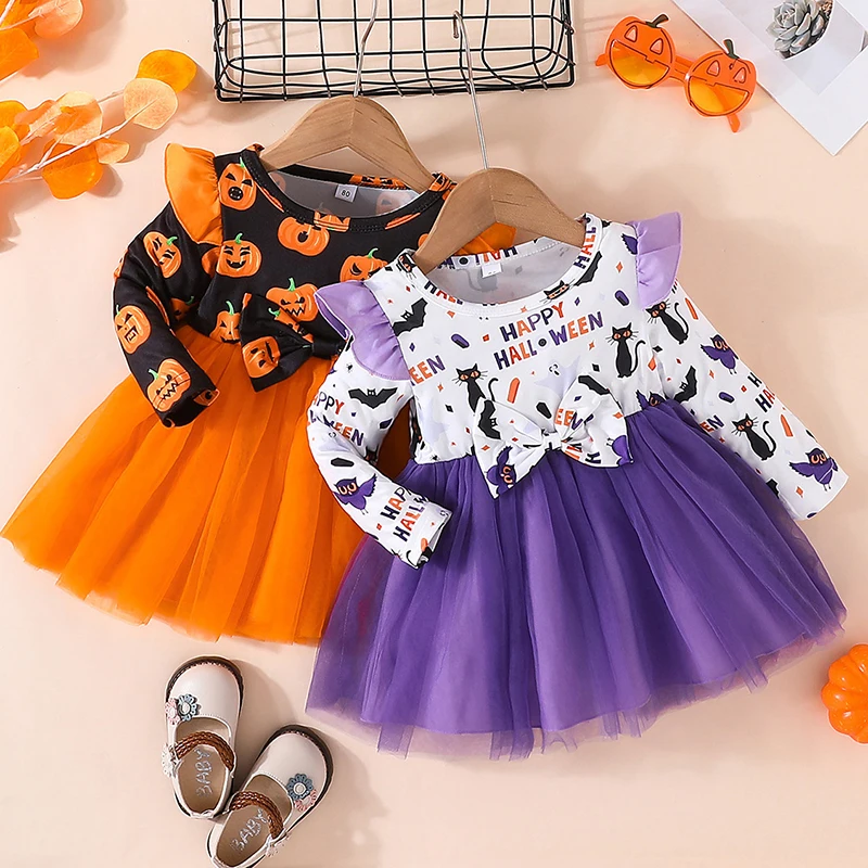 

Halloween Cosplay Clothing Baby Girl Party Dress Long Sleeved Cotton Print Mesh Splicing Dress Halloween Children Clothes