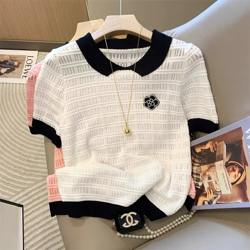 Женский винтажный свитер с коротким рукавом трикотажная футболка цветочным