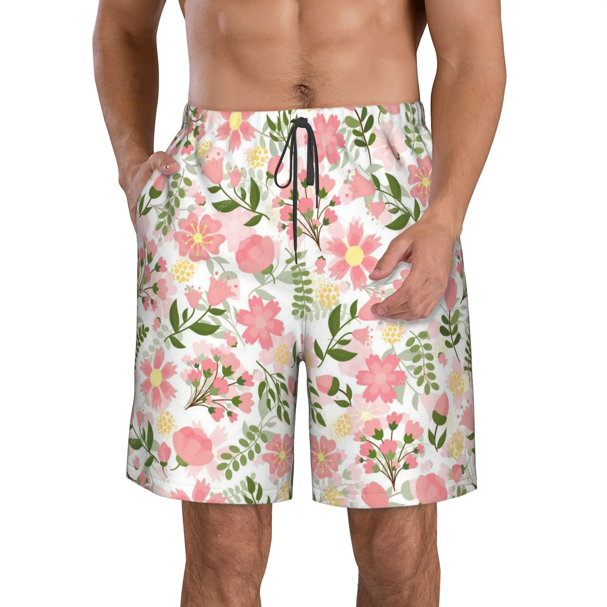 

Pink Flower Floral Teen Beach Pants Sports Shorts Summer Men Beach Swim Suitable Fitness VacationS