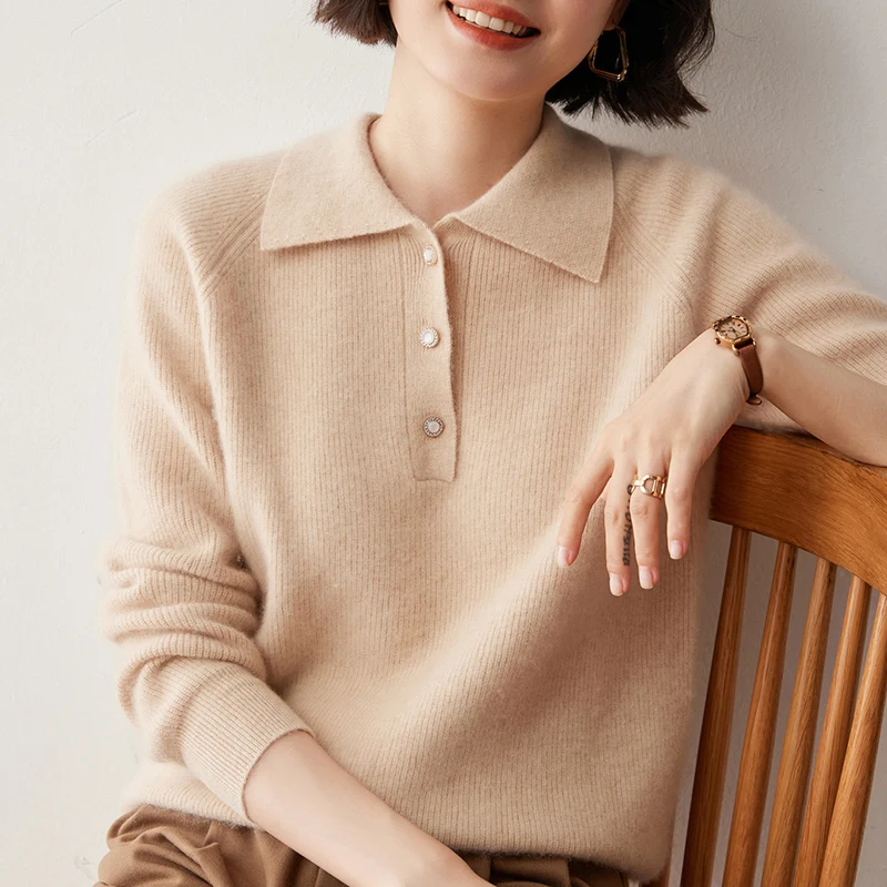 Свитер-поло из козьего кашемира с воротником для женщин роскошный деловой