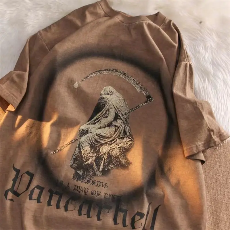 

American Style Retro High Street Dark Street Style Short Sleeved Men and WomenSummer T-shirt Loose and Versatile HalfSleeved Top