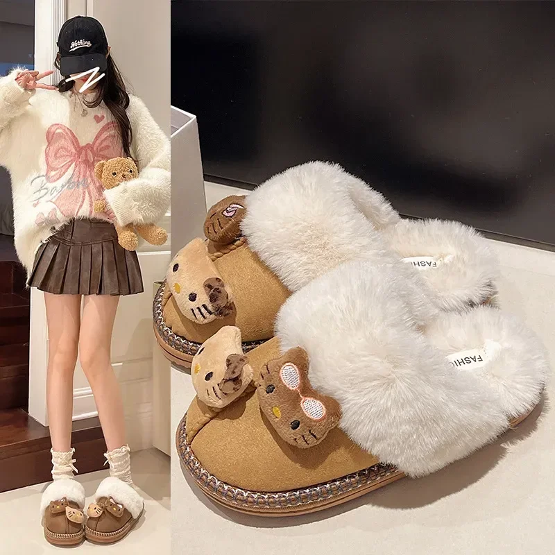 Sanrio Hello Kitty зимние плюшевые тапочки с милым рисунком нечеткие теплые удобные
