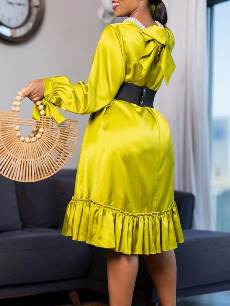 Pearl Neck Plus Size Dresses For Women Elegant Luxury Evening Party Dress Vestidos African Ruffles Long Sleeve Robe With Corset