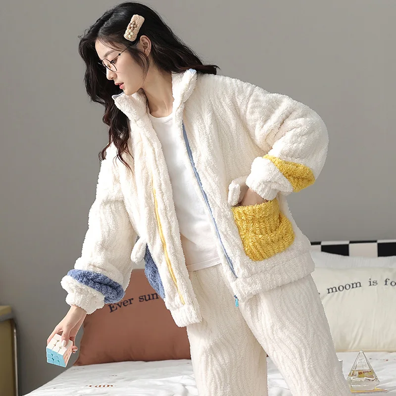 Yasuk Autumn Winter Women's Casual Lovely Sweet Girl Warm Soft Sleepwear Loose Pajamas With Pants  Velvet Simple Splicing Pocket