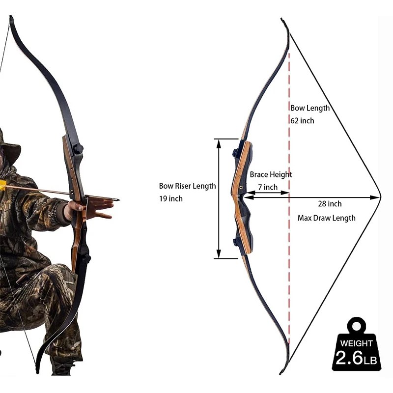 

25-50 Lbs Optional Wooden Riser Detachable Bow 62 Inch Archery Set Adult Recurve Bow Outdoor Sports Hunting Shooting