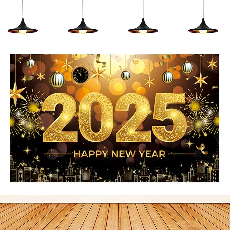 Новогоднее украшение баннера 71 х 43 дюйма Новогодний баннер 2025 Черное золото