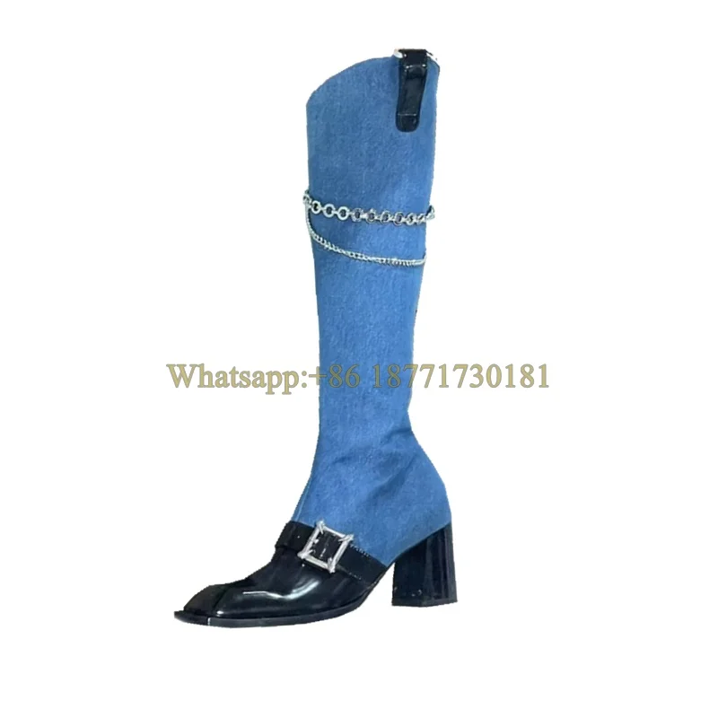 Denim Mixed Colors Square Toe Block Heel Boots Metal Chain Knee-High Boots Woman Winter 2022 Black Side Zip Buckle Skinny Boots