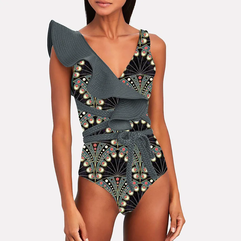 

Sexy Deep-V Ruffle Swimsuit Women 2023 Vintage Style High Waist BIkini Set Monokini Bathing Suits One Piece Fashion Beachwear