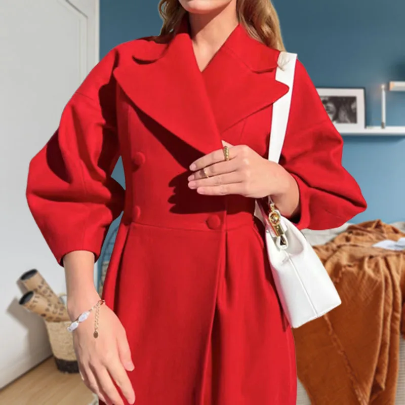 Autumn Women Woolen Coat Thick Lapel Lantern Sleeve Office Lady Long Jackets Double-Breasted New In Outerwears Female Coats