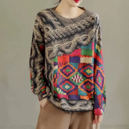 

SuperAen Vintage Printed Sweater for Women In 2022 Winter New Style Retro Fashion Korean Style Loose Sweater