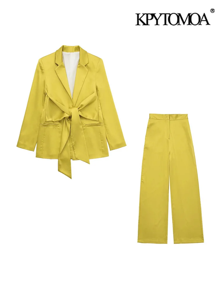 

KPYTOMOA Women Fashion With Belt Satin Blazer Coat And High Waist Back Elastic Straight Pants Female Two Piece Sets Mujer