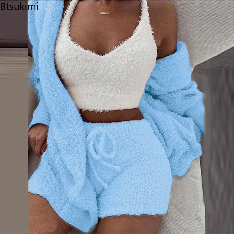 Pajama Set Women 2PC/3PCS Sexy Fluffy Suit Velvet Plush Robe Set Soft Warm Sleeveless Sweater Loungewear Pijamas Mujer Sleepwear