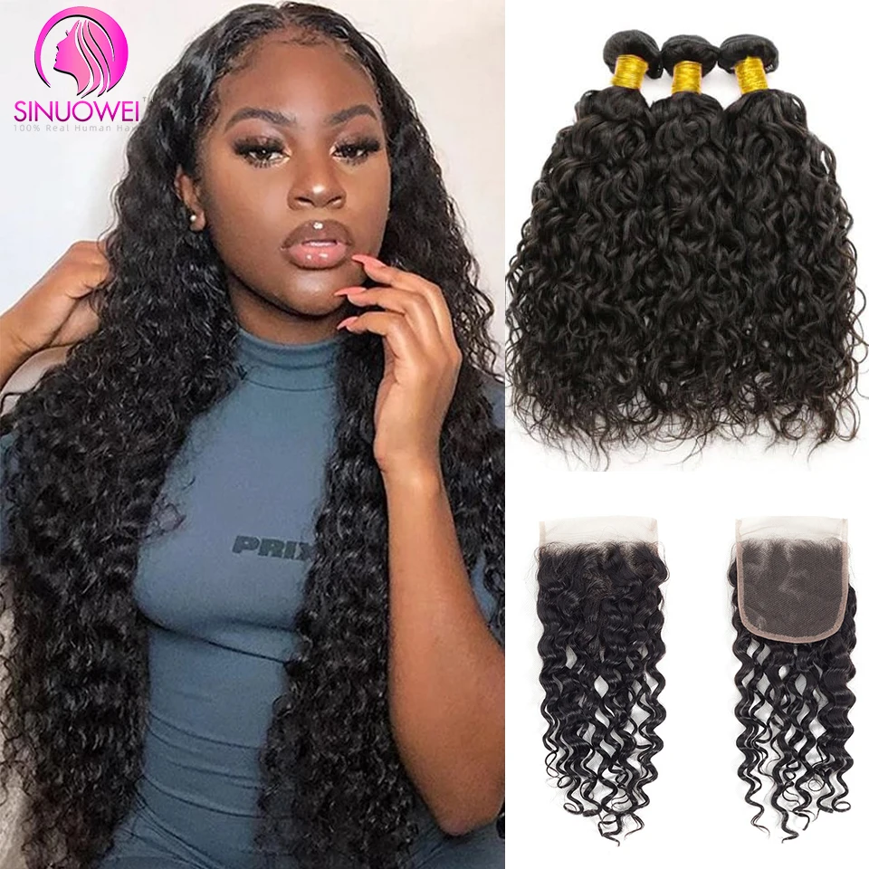 

30 32 Inch Water Wave Bundles With Closure Wet and Wavy Curly Human Hair Bundles With Remy Hair Weave 3Bundles With 4X4 Closure