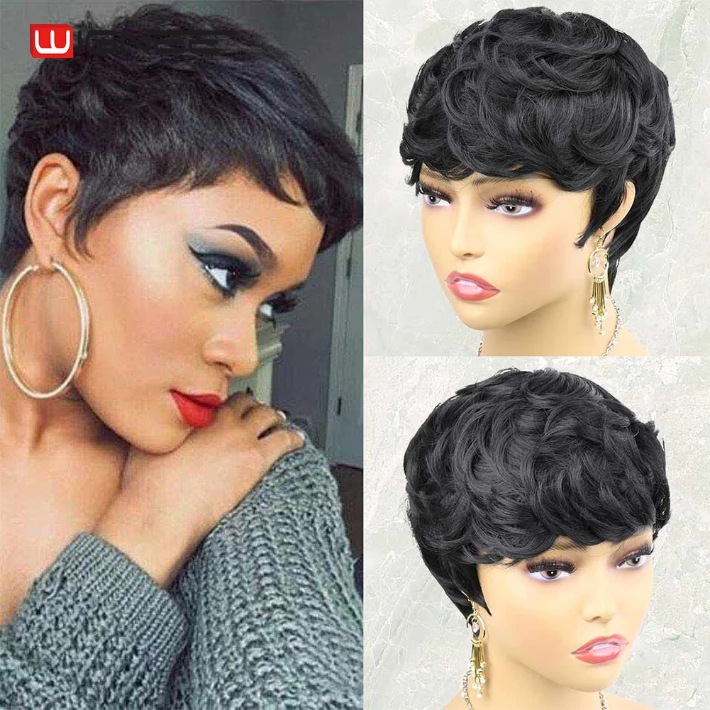 Short Pixie Cut Human Hair Wigs Brazilian Remy Hair Short Curly Layered Wavy Wigs For Black Women 150% Density Natural Black Wig