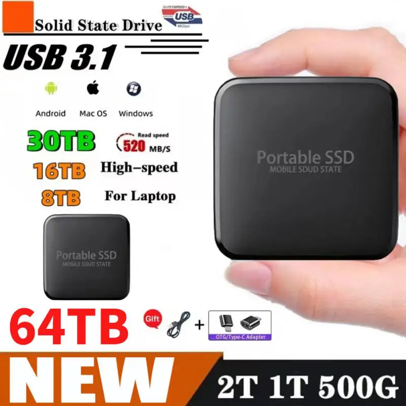 Lenovo Portable 64TB SSD 32TB External Hard Drive 16TB High-speed Mobile Device Type-C Solid State Disk for Desktop/Laptop/phone