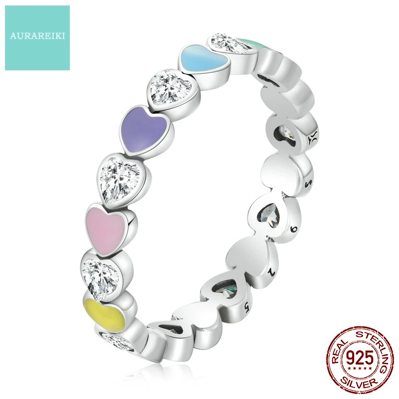 

AURAREIKI Fashion Creative Rainbow Love Ring 925 Silver Cute Glue Dripping Process Heart Rings for Women Jelwery Joyeria Fina