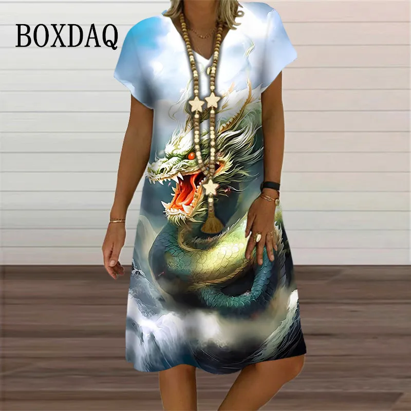 

V-Neck Women's Dress Summer Short Sleeve Pullover For Women Casual Dragon Pattern Print Female Clothing 2023 Fashion Oversized