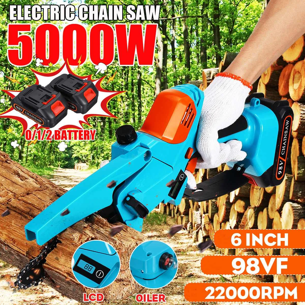 

5000W 6 Inch Mini Electric Chainsaw With 98VF Battery Rechargeable Garden Pruning Saw Woodworking Tool For Makita Battery