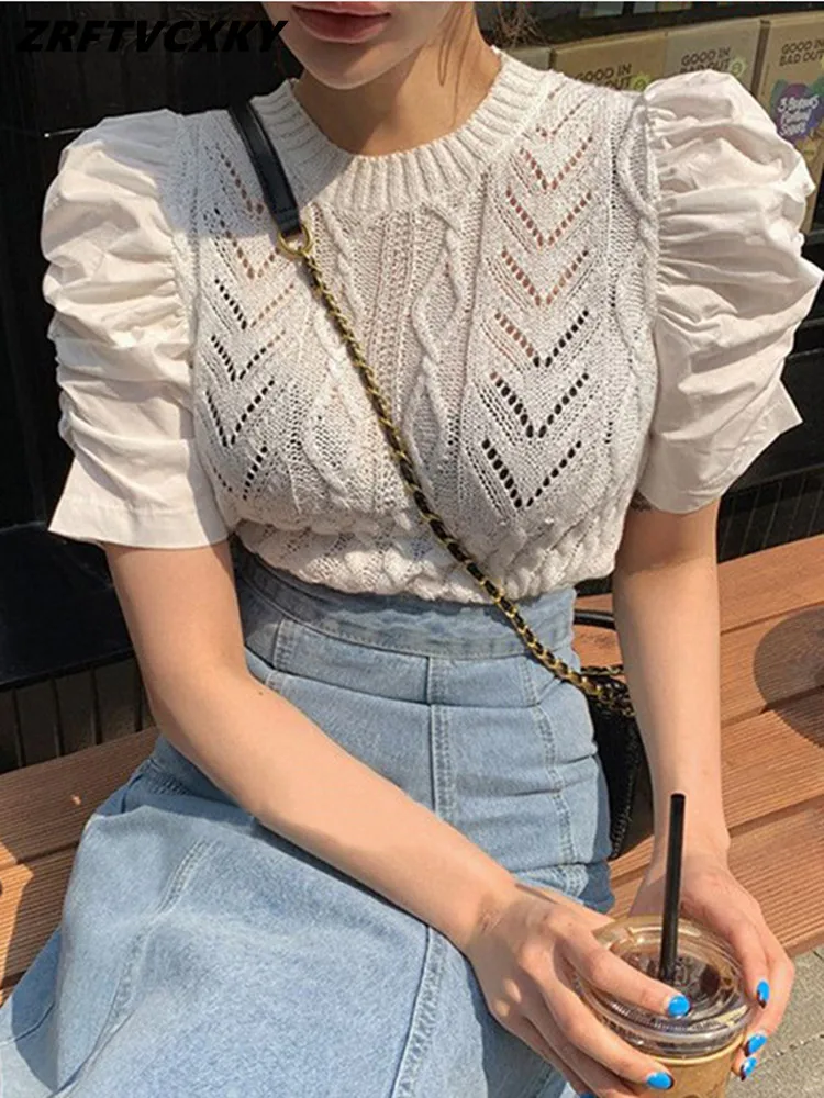 

ZRFTVCXKY Korean Summer Hollow Out Pullover Chic Slim Round Neck Puff Sleeve Knitted Bottoming Shirt Sexy White Short Top