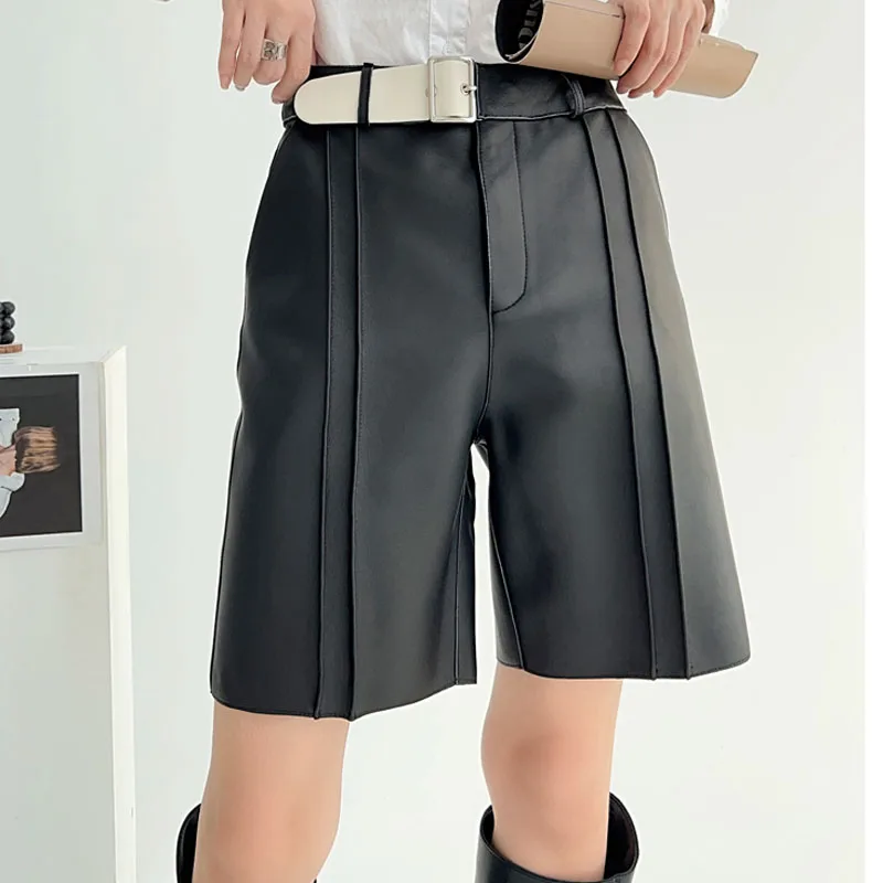 Women's Genuine Leather Pants Female Handsome Straight High Waist Suit Shorts With Belt Casual Style Wide Leg Trousers