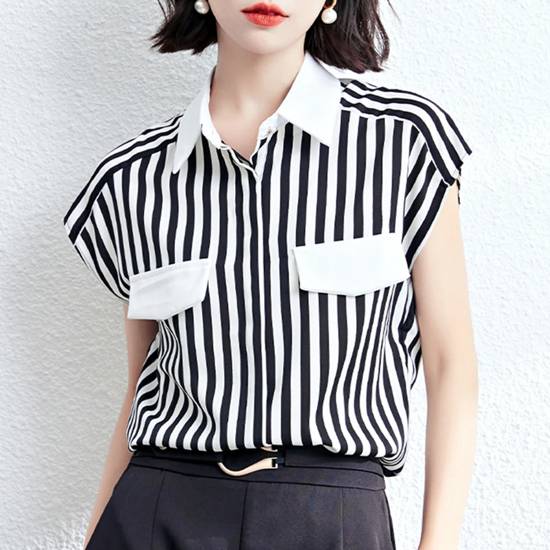 

Женская шифоновая блузка в полоску, повседневный топ с отложным воротником и коротким рукавом, Офисная рубашка, лето 2023