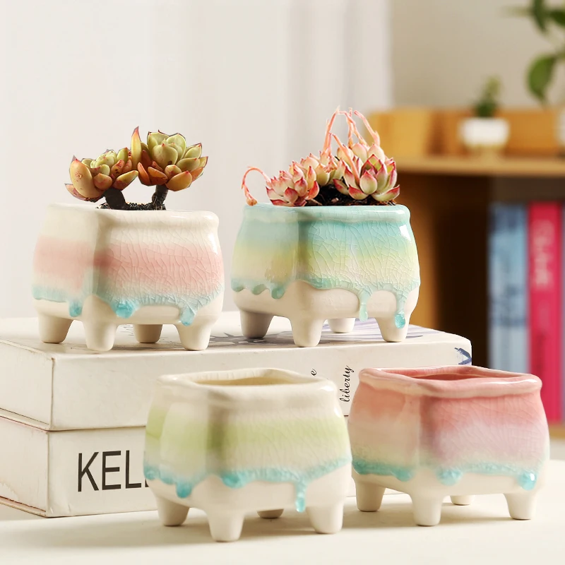 

Nordic Style Flow Glaze Ceramic Flowerpot Succulent Cactus Plants Multicolor Planter Home Garden Decor Small Succulent Plant Pot