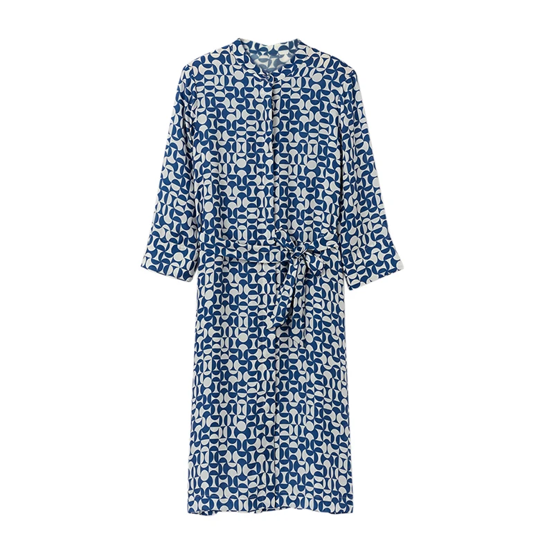 

Dress Women 100% Silk Geometric Printed O Neck Three-quarter Sleeves Single-breasted Sashes High Qualit Dress Ladies New Fashion