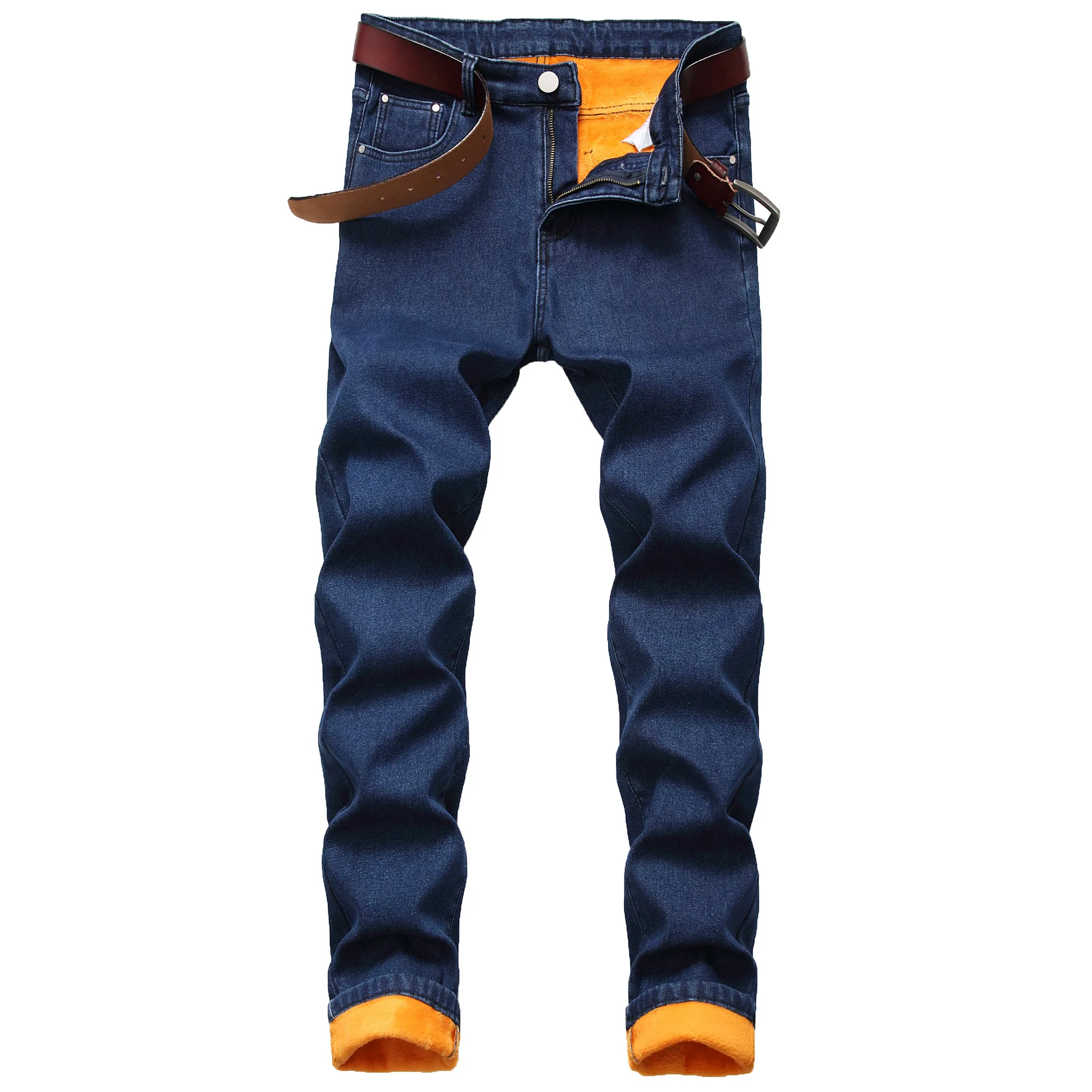 Autumn Winter Heavyweight Fleece Men Jeans Fasion Casual Style Pure Color Keep Warm Male Denim Pants Business Men Trousers Blue