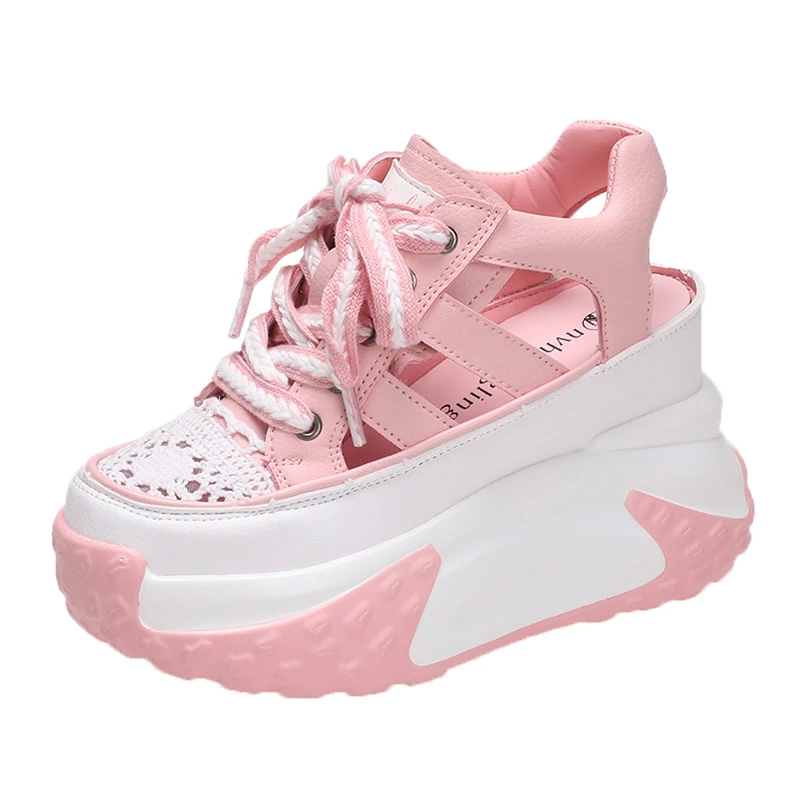 7CM Heels Women Gothic Thick Bottom Wedge Sandals Black Hollow Out Gladiator Sneakers Woman Punk Leather Chunky Platform Sandals