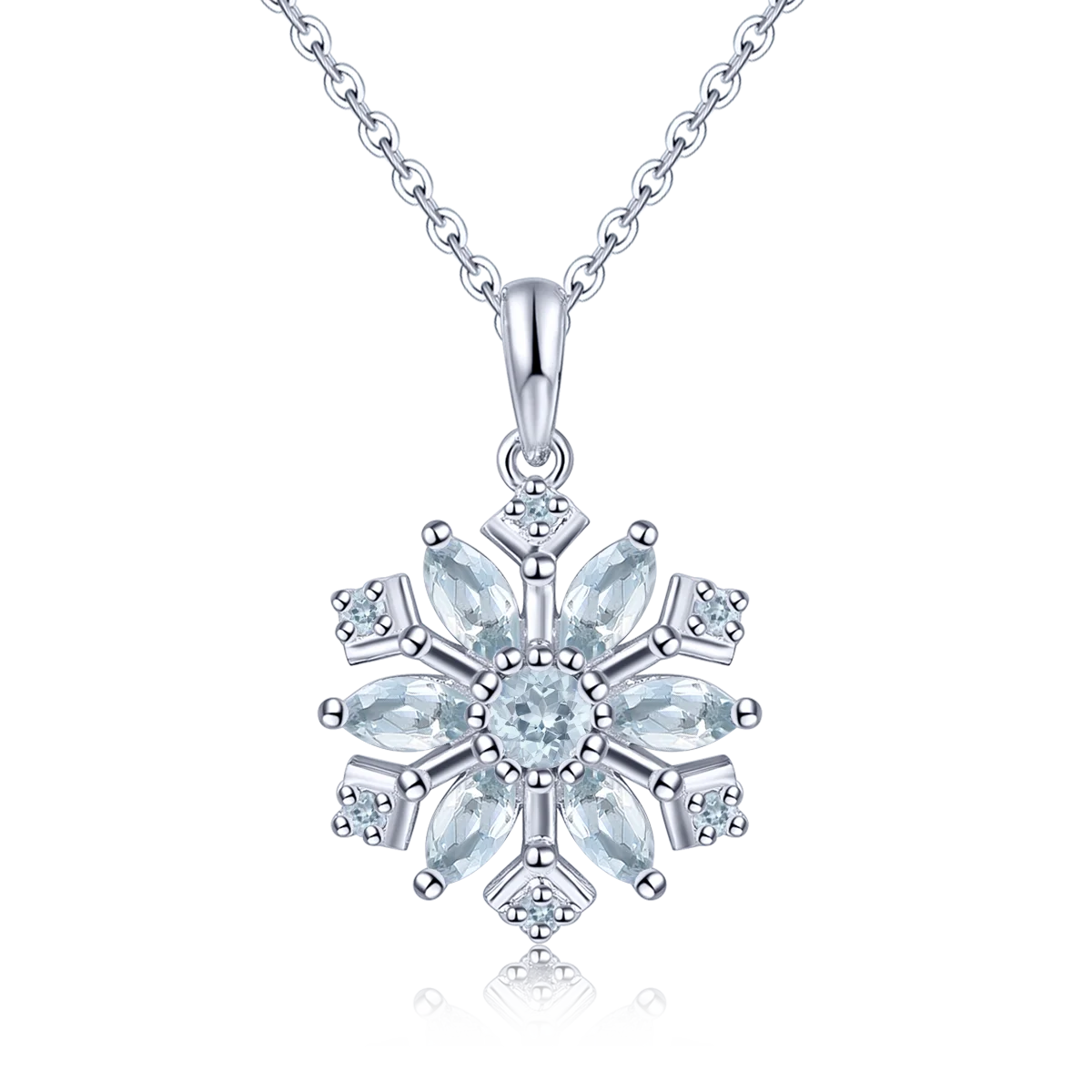 BOEYCJR 925 Silver Snowflake Natural Aquamarine 0.98ct total Pendant Necklace for Women Anniversary Gift