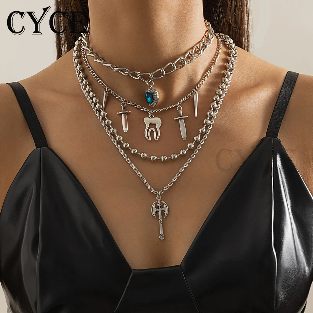 

CYCE Hip Hop Geometric Snake Bone Copper Chain Stacked Necklace Multi-element Cross Crystal Pendant Necklace Jewelry Accessories