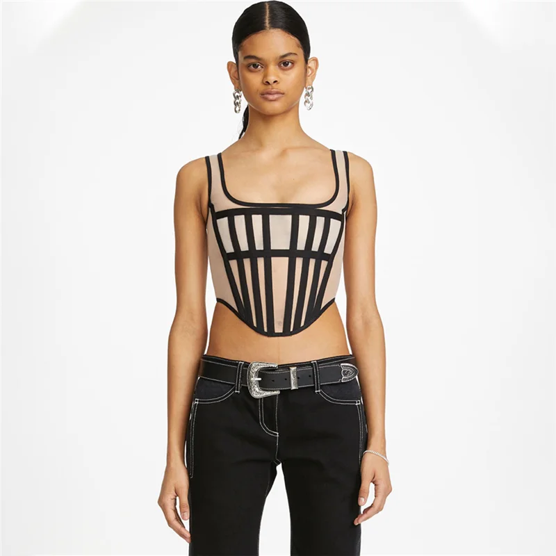 

Summer new perspective tulle fishbone bracket color matching shoulder vest women's fashion high street corset sexy suspender top