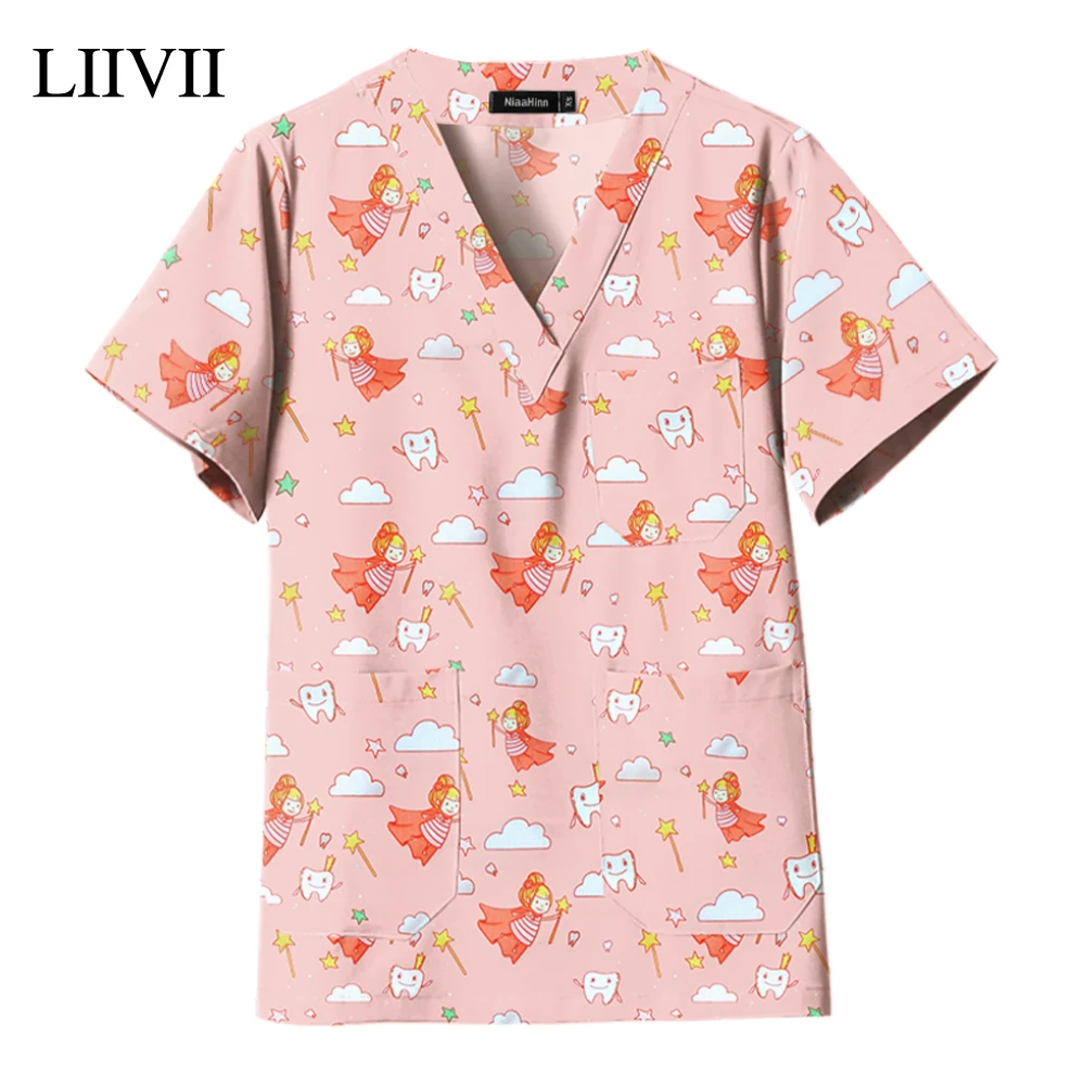 

Medical Scrubs Tops Beauty Salon Worker Blouse Nursing Uniform Print Nurses Uniform Short Sleeve V-neck Shirts Clinical Workwear