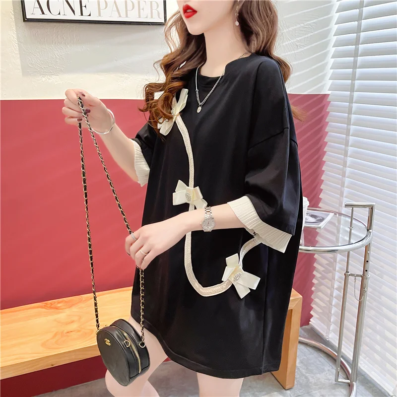 #0693 женская футболка в китайском стиле длинная свободная однотонная с круглым