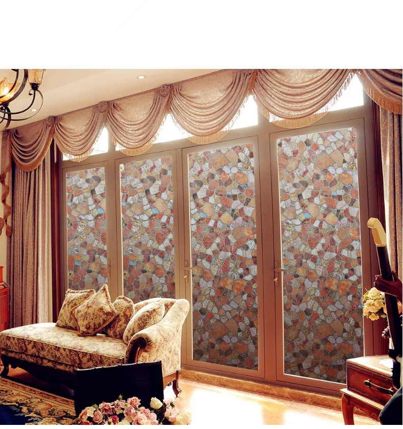 

45*400cm Colored Stones Privacy Window Film, Anti-UV Vinyl Frosted Glass Foil, Static Cling Opaque Self-adhesive Window Sticker