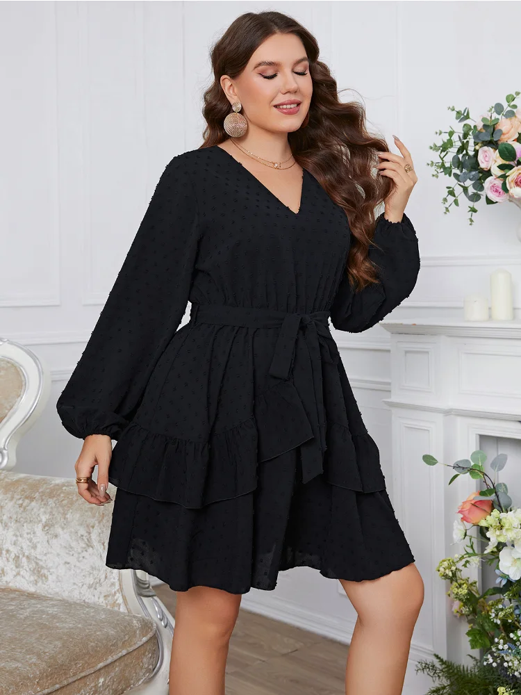 Temperament V-neck Multi layered Lace Dress Lantern Sleeves Large Dress plus size feminino evening dresses