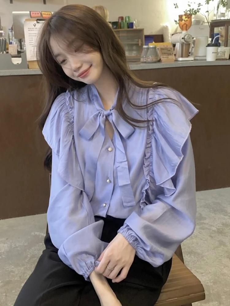 Французские шикарные рубашки с v-образным вырезом и бантом женские осенние