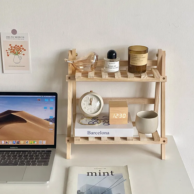 

Storage Rack Solid Wood Double Layers Commodity Shelf Foldable Multifunction Shelving Hollow-out Desktop Organizer for Dormitory
