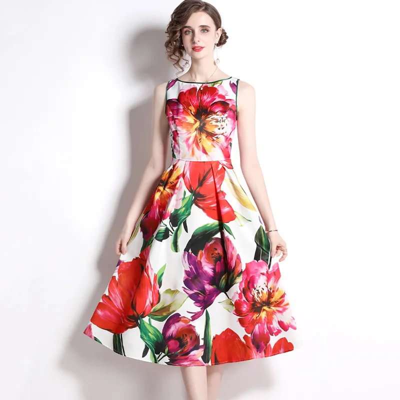 

New 2022 Summer Women's Dresses Fashion Casual Sleeveless Print Vintage Vestidos Elegant Slim Big Hem Party Dress