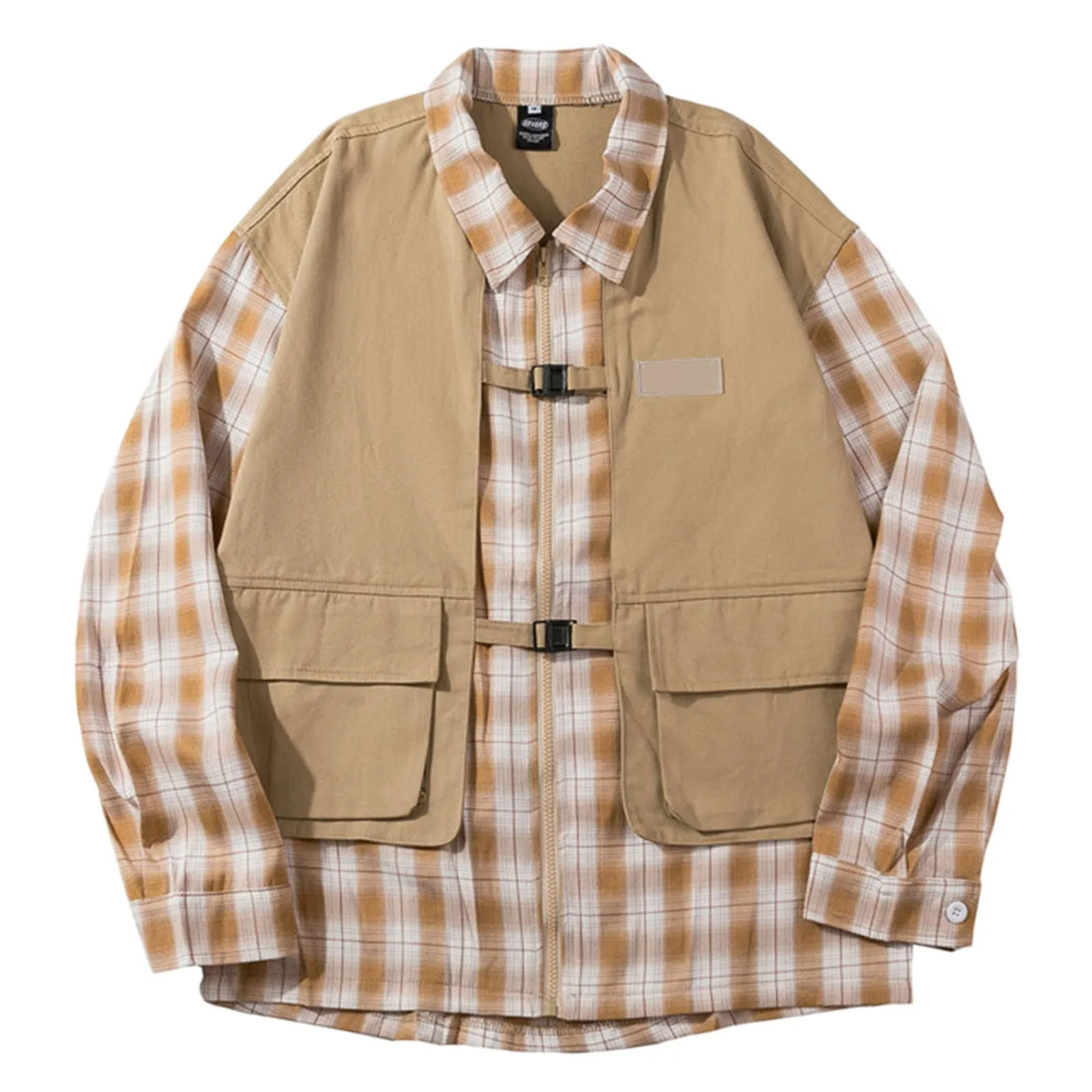 

Mens Fashion Simple False Two Piece Grid Pocket Cardigan Zipper Sweater Jacket