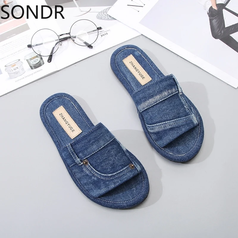 

Womens Denim Jeans Open Toe Flats Slingback Slipper Sandals Shoes Cowboy Summer Beach Plus Size 44 45 46 New