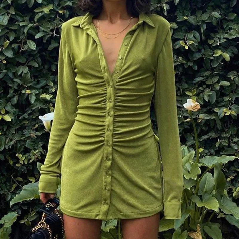 

2021 Autumn Green Long Sleeve Dress Women Dresses Sexy Turn Down Collar Mini Dress Button Up Dresses Bodycon Shirt Dress New